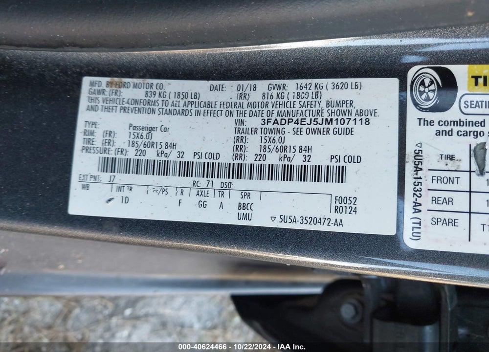 2018 FORD FIESTA SE VIN: 3FADP4EJ5JM107118