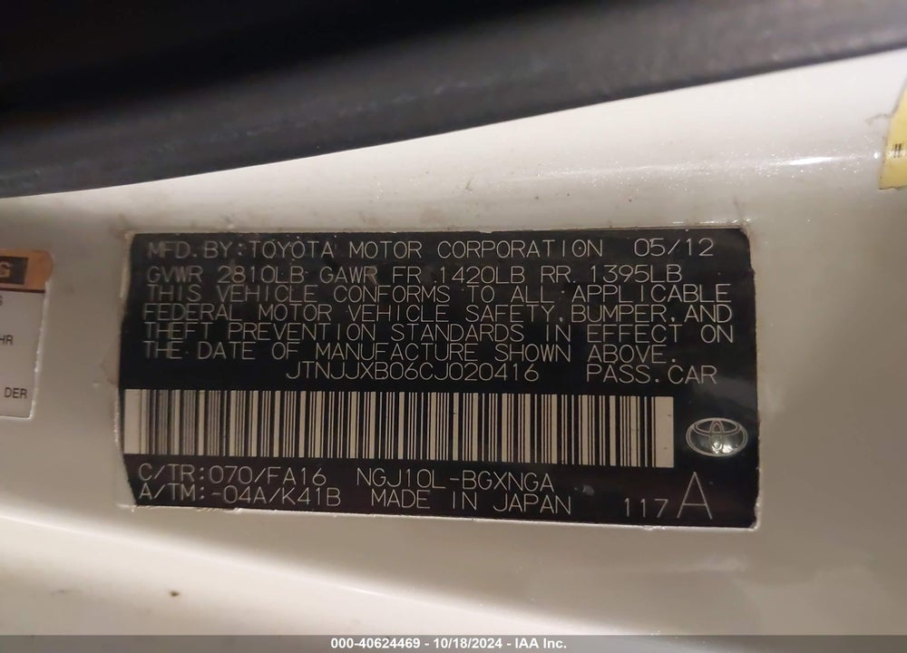 2012 SCION IQ VIN: JTNJJXB06CJ020416