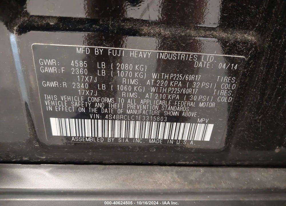 2014 SUBARU OUTBACK 2.5I LIMITED VIN: 4S4BRCLC1E3315803