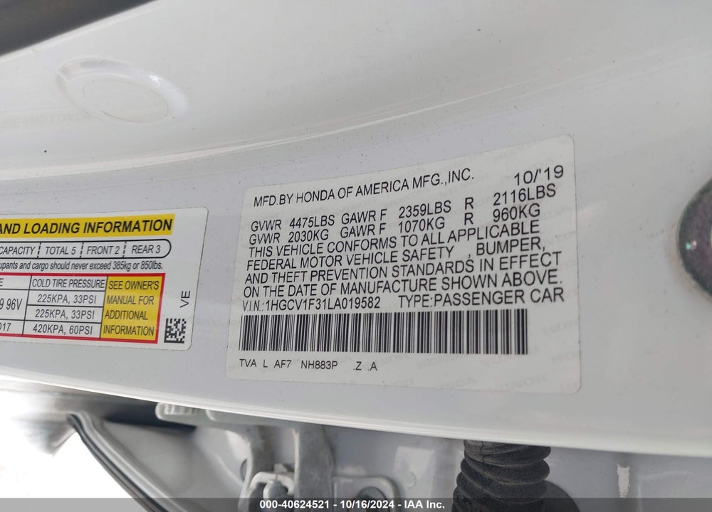 2020 HONDA ACCORD VIN: 1HGCV1F31LA019582