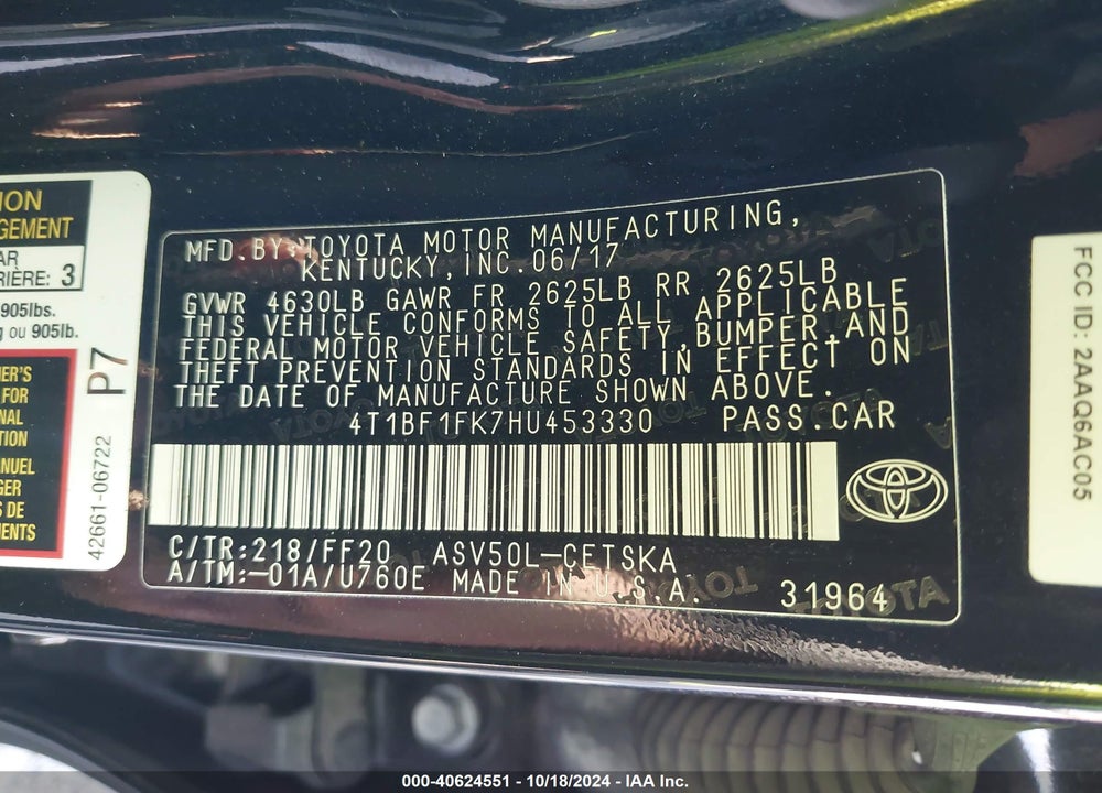 2017 TOYOTA CAMRY SE VIN: 4T1BF1FK7HU453330