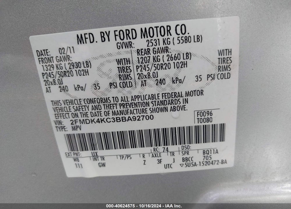 2011 FORD EDGE LIMITED VIN: 2FMDK4KC3BBA92700
