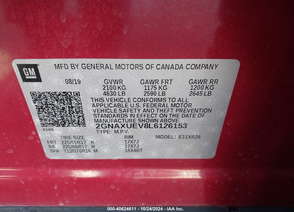 2020 CHEVROLET EQUINOX AWD LT 1.5L TURBO VIN: 2GNAXUEV8L6126153