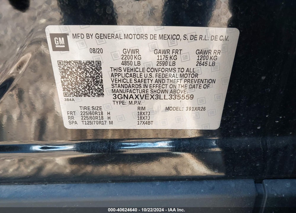 2020 CHEVROLET EQUINOX AWD LT 2.0L TURBO VIN: 3GNAXVEX3LL335559