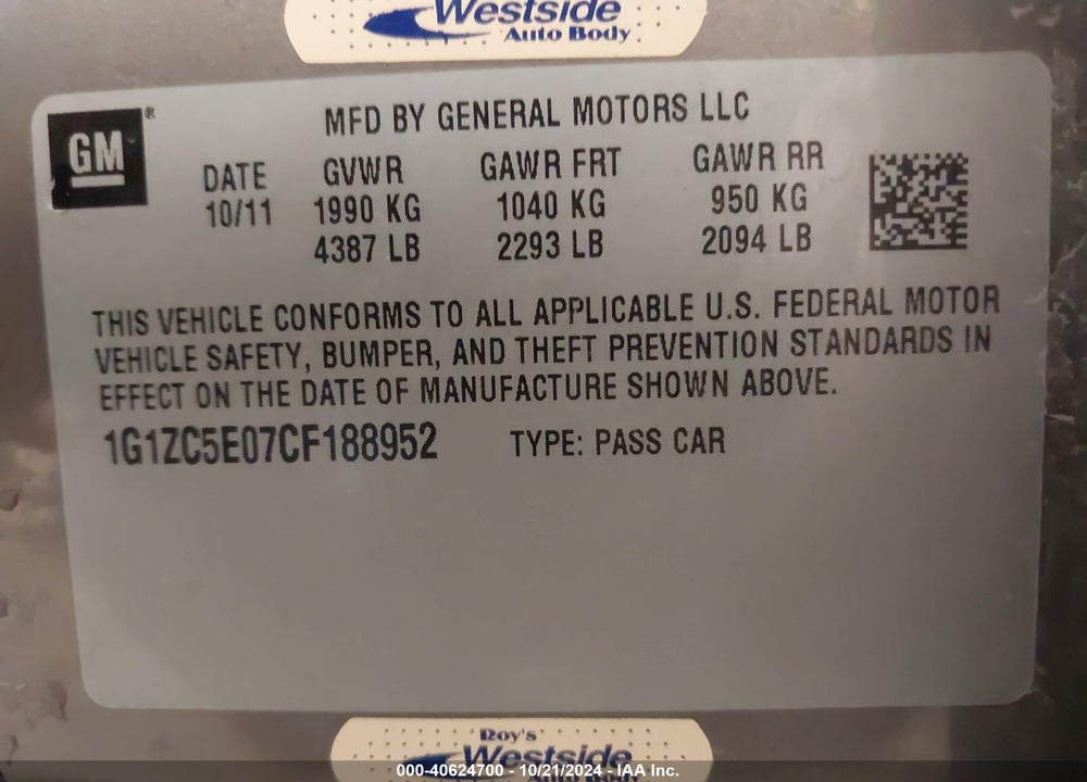 2012 CHEVROLET MALIBU 1LT VIN: 1G1ZC5E07CF188952