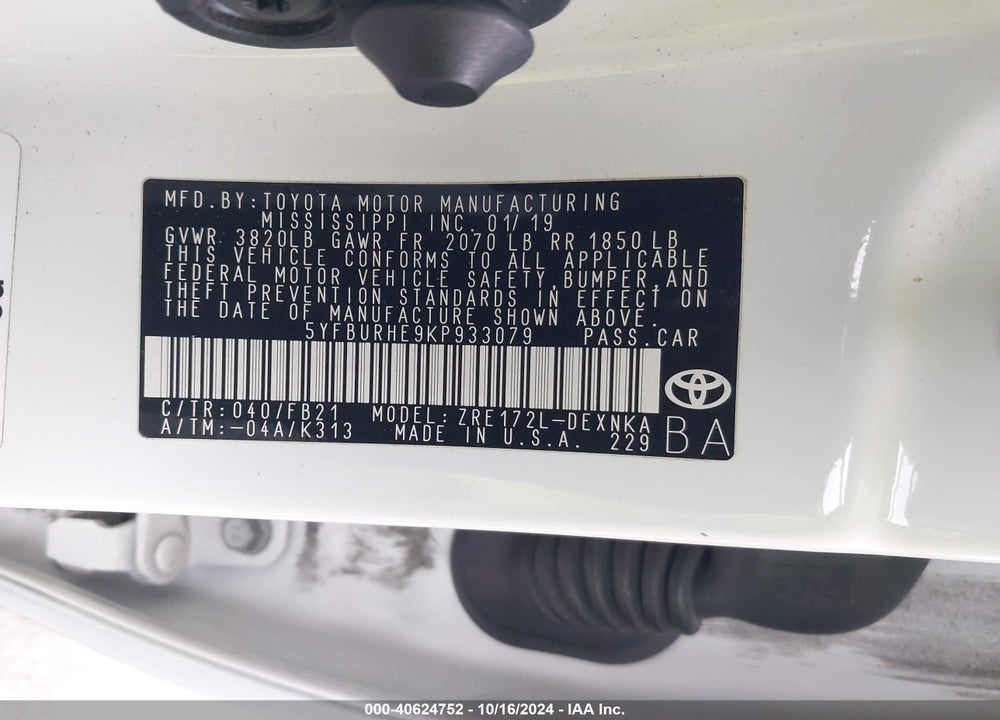 2019 TOYOTA COROLLA LE VIN: 5YFBURHE9KP933079