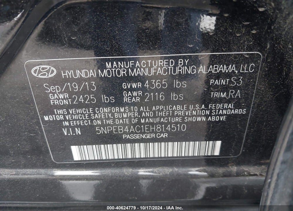 2014 HYUNDAI SONATA VIN: 5NPEB4AC1EH814510