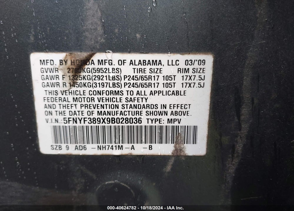 2009 HONDA PILOT TOURING VIN: 5FNYF389X9B028036
