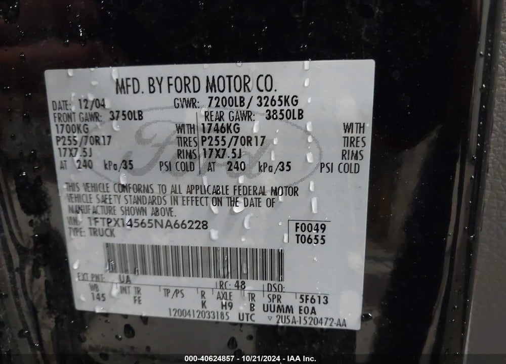 2005 FORD F-150 FX4/LARIAT/XL/XLT VIN: 1FTPX14565NA66228