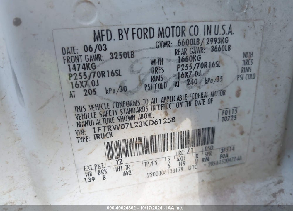 2003 FORD F-150 LARIAT/XLT VIN: 1FTRW07L23KD61258