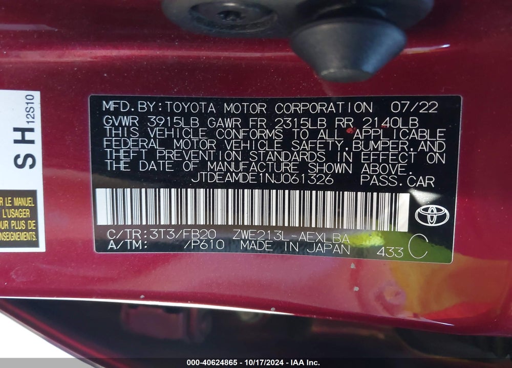 2022 TOYOTA COROLLA VIN: JTDEAMDE1NJ061326