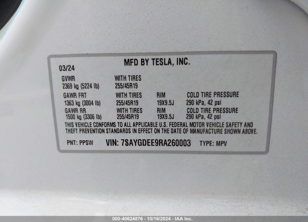 2024 TESLA MODEL Y LONG RANGE DUAL MOTOR ALL-WHEEL DRIVE VIN: 7SAYGDEE9RA260003