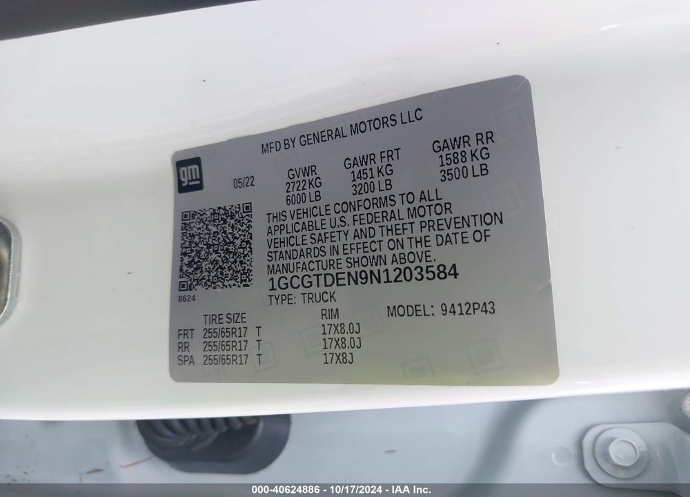 2022 CHEVROLET COLORADO 4WD SHORT BOX Z71 VIN: 1GCGTDEN9N1203584