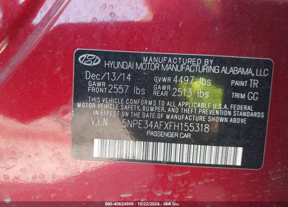 2015 HYUNDAI SONATA SPORT VIN: 5NPE34AFXFH155318
