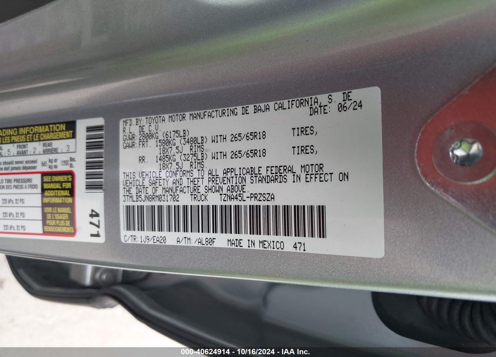 2024 TOYOTA TACOMA DOUBLE CAB/SR5/TRD SPORT/TRD OFF ROAD/LTD VIN: 3TMLB5JN8RM031702