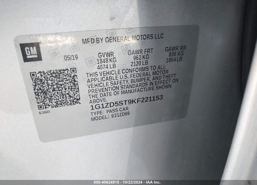 2019 CHEVROLET MALIBU VIN: 1G1ZD5ST9KF221153