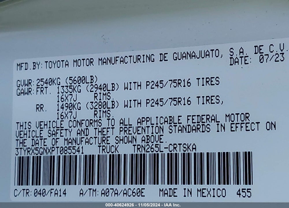2023 TOYOTA TACOMA SR VIN: 3TYRX5GNXPT085541