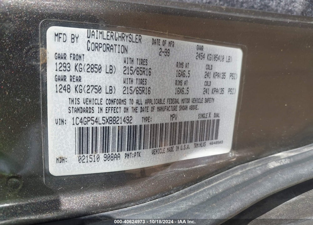 1999 CHRYSLER TOWN & COUNTRY LX VIN: 1C4GP54L5XB821492