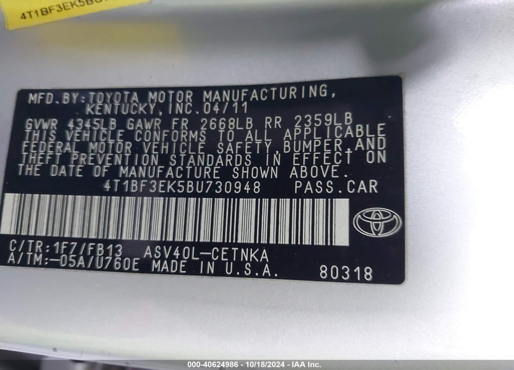 2011 TOYOTA CAMRY LE VIN: 4T1BF3EK5BU730948