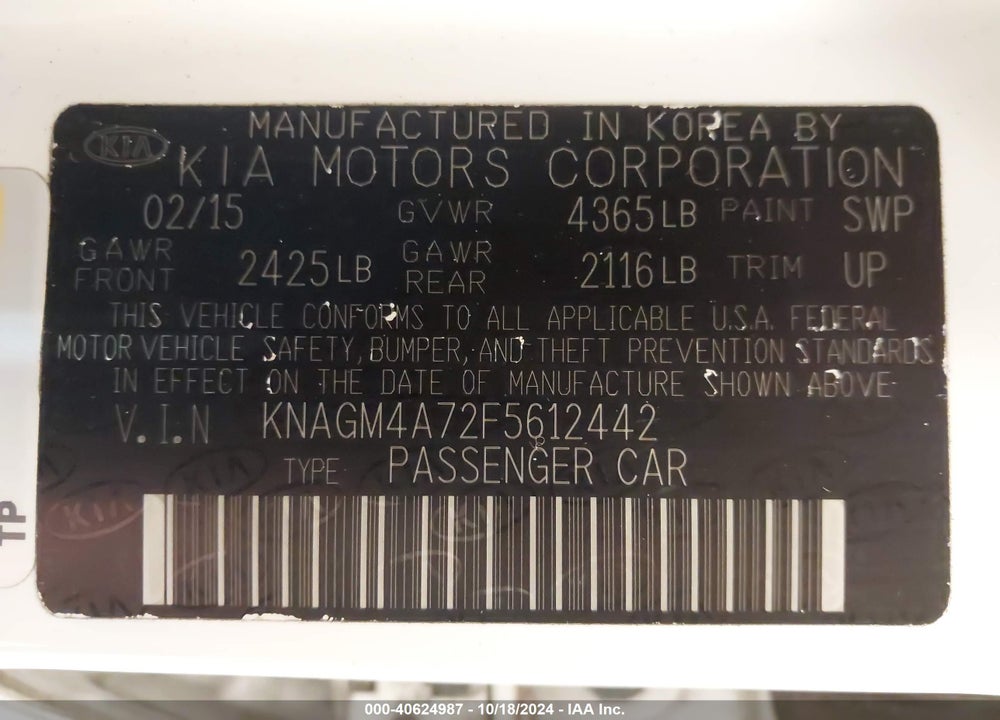 2015 KIA OPTIMA LX VIN: KNAGM4A72F5612442