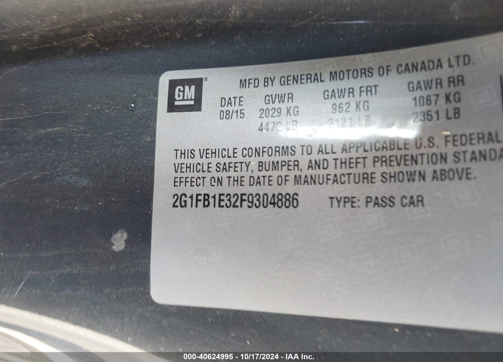 2015 CHEVROLET CAMARO 2LS VIN: 2G1FB1E32F9304886