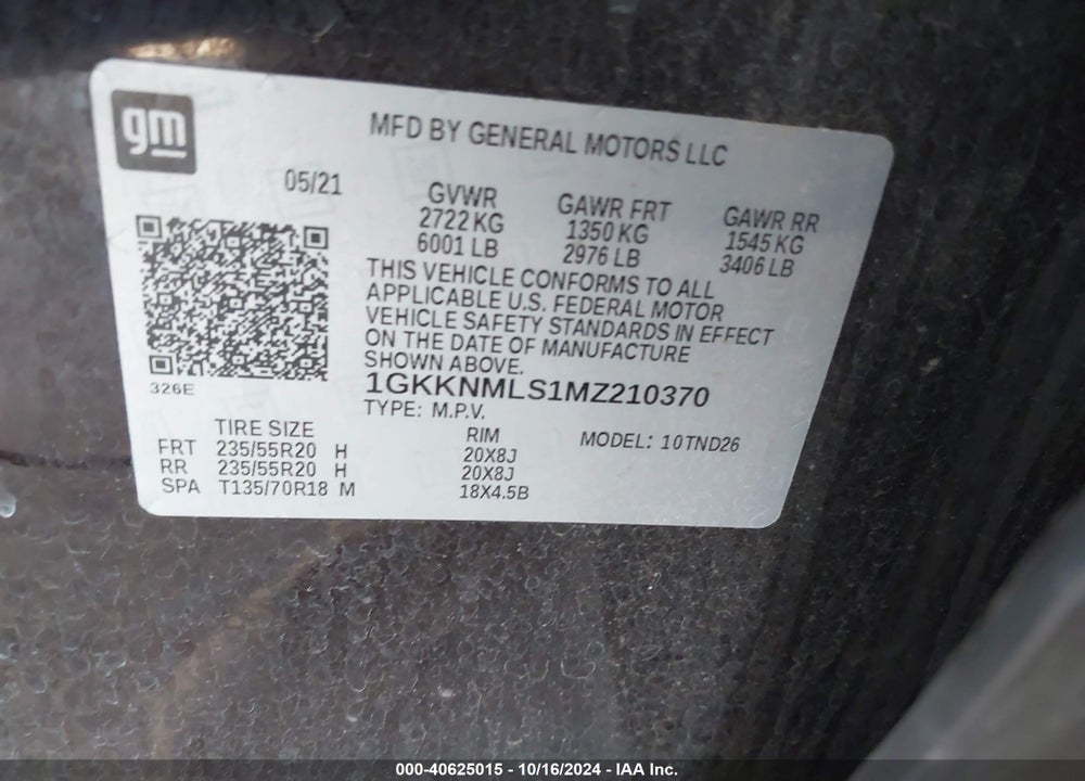 2021 GMC ACADIA FWD SLT VIN: 1GKKNMLS1MZ210370