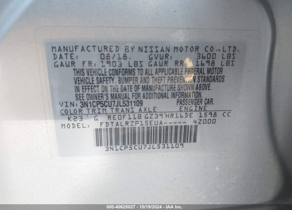 2018 NISSAN KICKS S VIN: 3N1CP5CU7JL531109