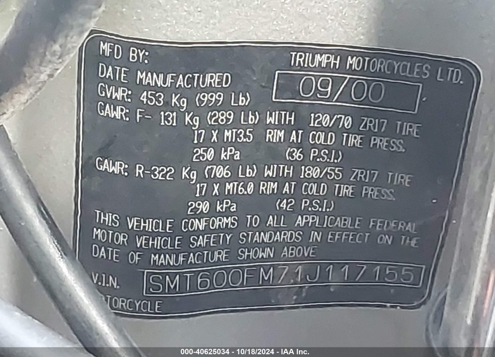 2001 TRIUMPH MOTORCYCLE SPRINT ST VIN: SMT600FM71J117155