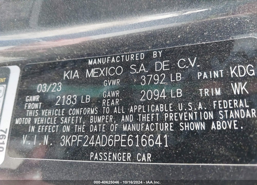 2023 KIA FORTE LXS VIN: 3KPF24AD6PE616641