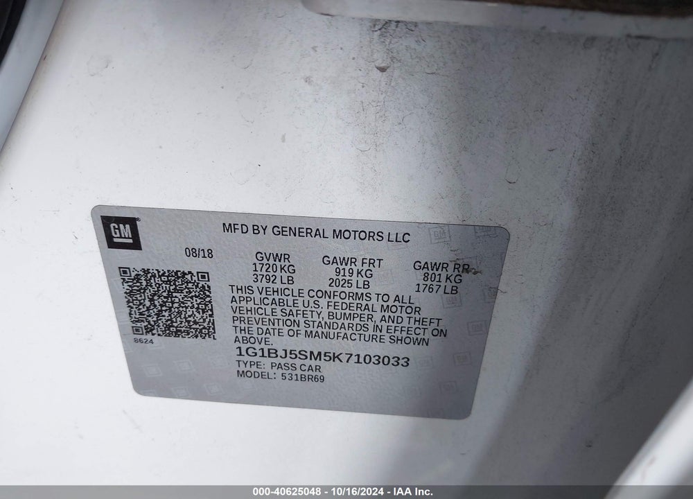 2019 CHEVROLET CRUZE CVT (FLEET ORDERS ONLY) VIN: 1G1BJ5SM5K7103033
