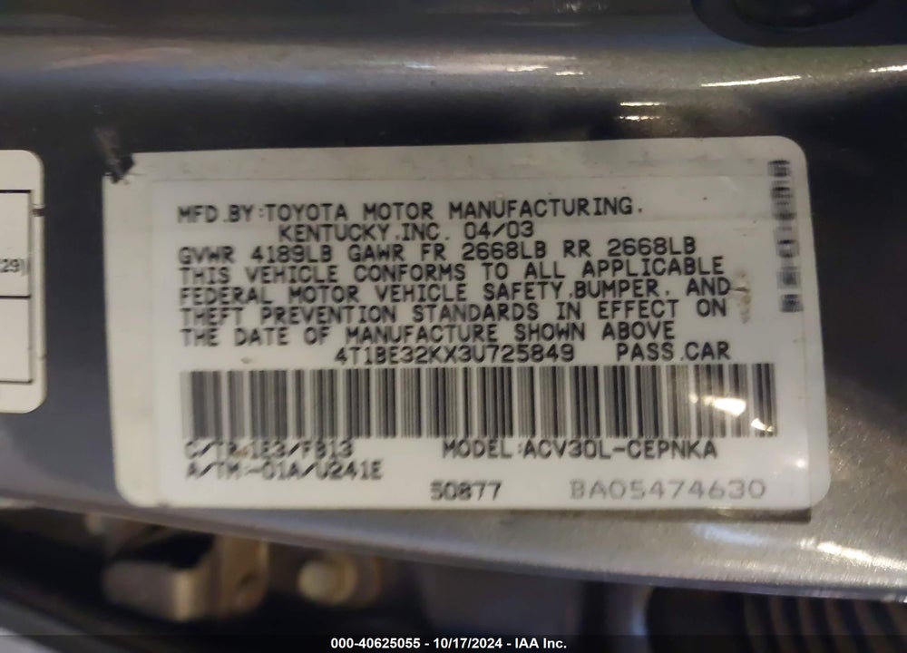 2003 TOYOTA CAMRY LE VIN: 4T1BE32KX3U725849