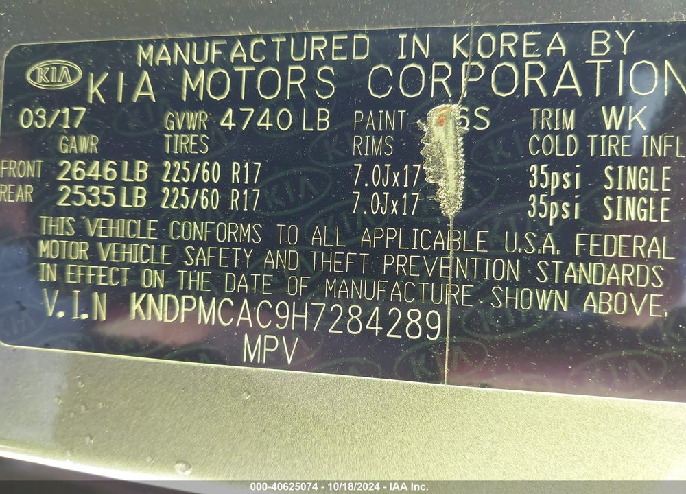 2017 KIA SPORTAGE LX VIN: KNDPMCAC9H7284289