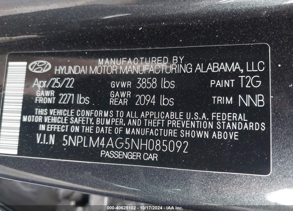 2022 HYUNDAI ELANTRA VIN: 5NPLM4AG5NH085092