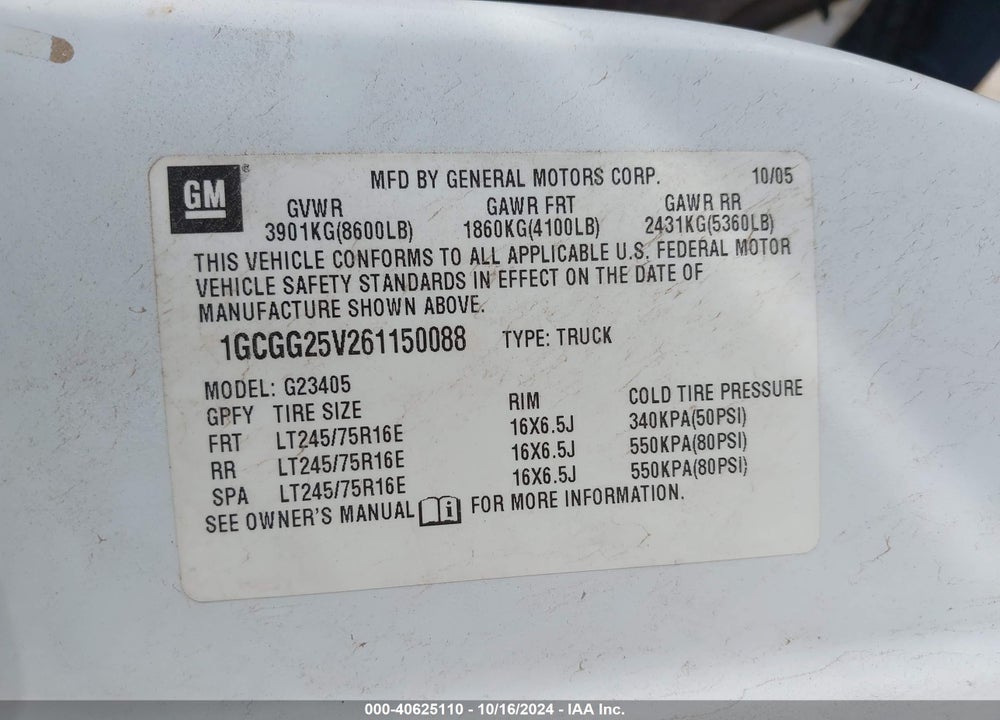 2006 CHEVROLET EXPRESS WORK VAN VIN: 1GCGG25V261150088