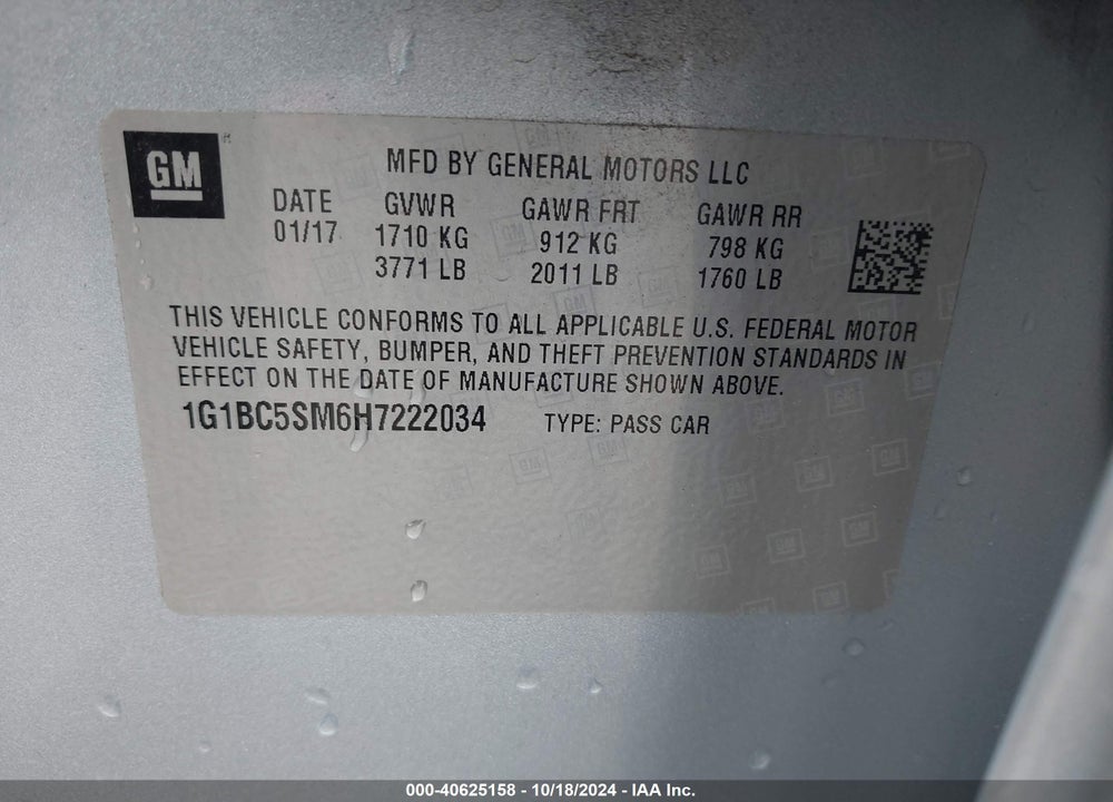 2017 CHEVROLET CRUZE LS AUTO VIN: 1G1BC5SM6H7222034