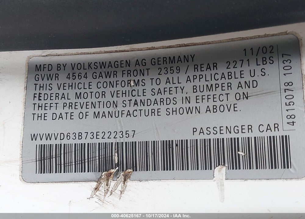2003 VOLKSWAGEN PASSAT GLS VIN: WVWVD63B73E222357
