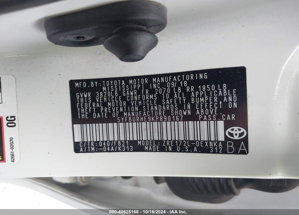2019 TOYOTA COROLLA LE VIN: 5YFBURHE9KP890167