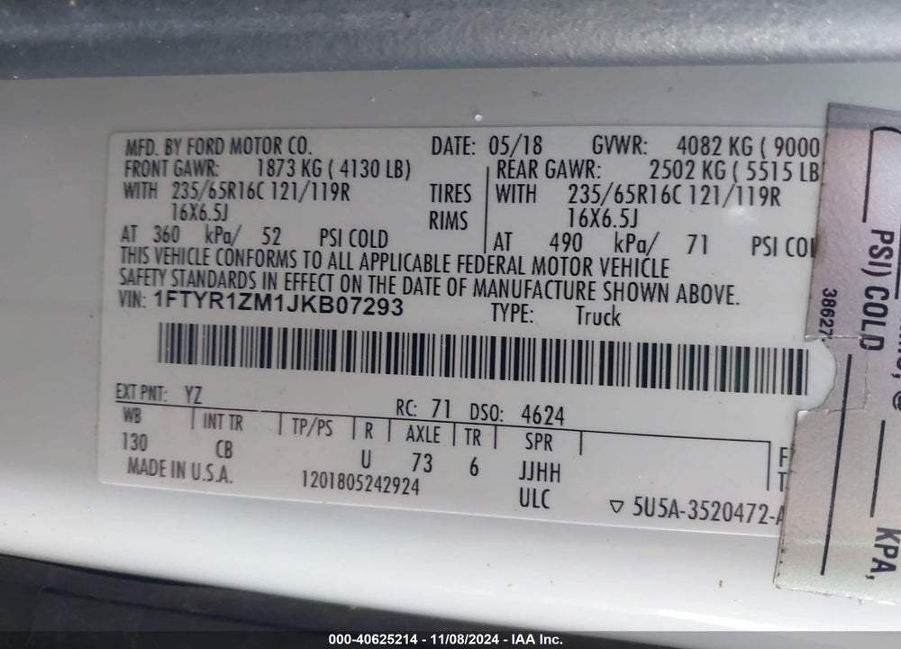 2018 FORD TRANSIT-250 VIN: 1FTYR1ZM1JKB07293