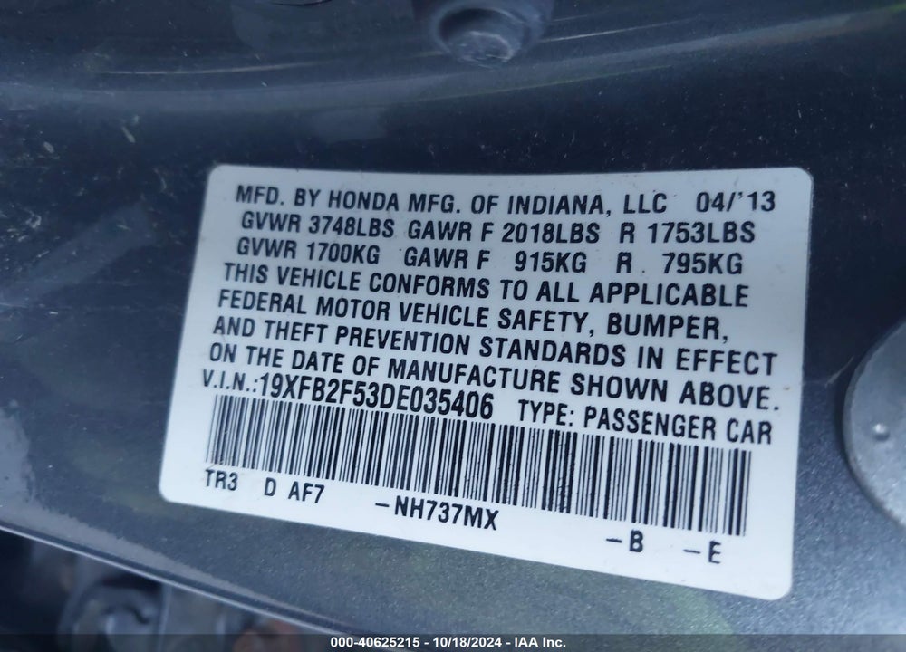 2013 HONDA CIVIC VIN: 19XFB2F53DE035406