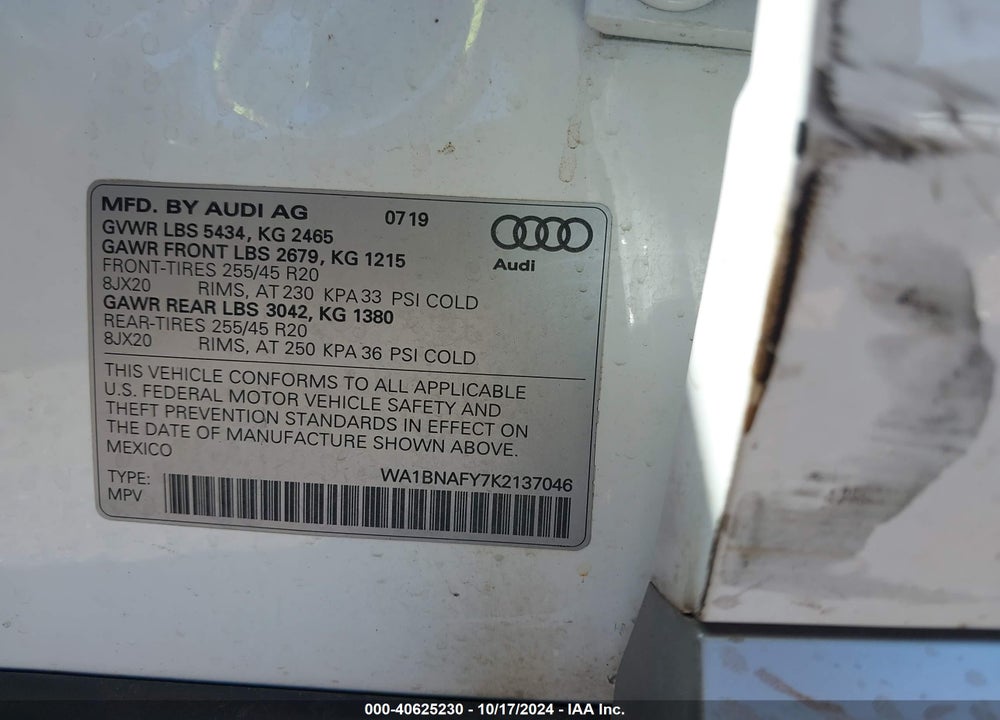 2019 AUDI Q5 45 PREMIUM VIN: WA1BNAFY7K2137046
