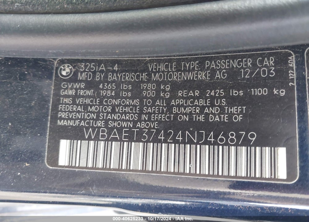 2004 BMW 325I VIN: WBAET37424NJ46879