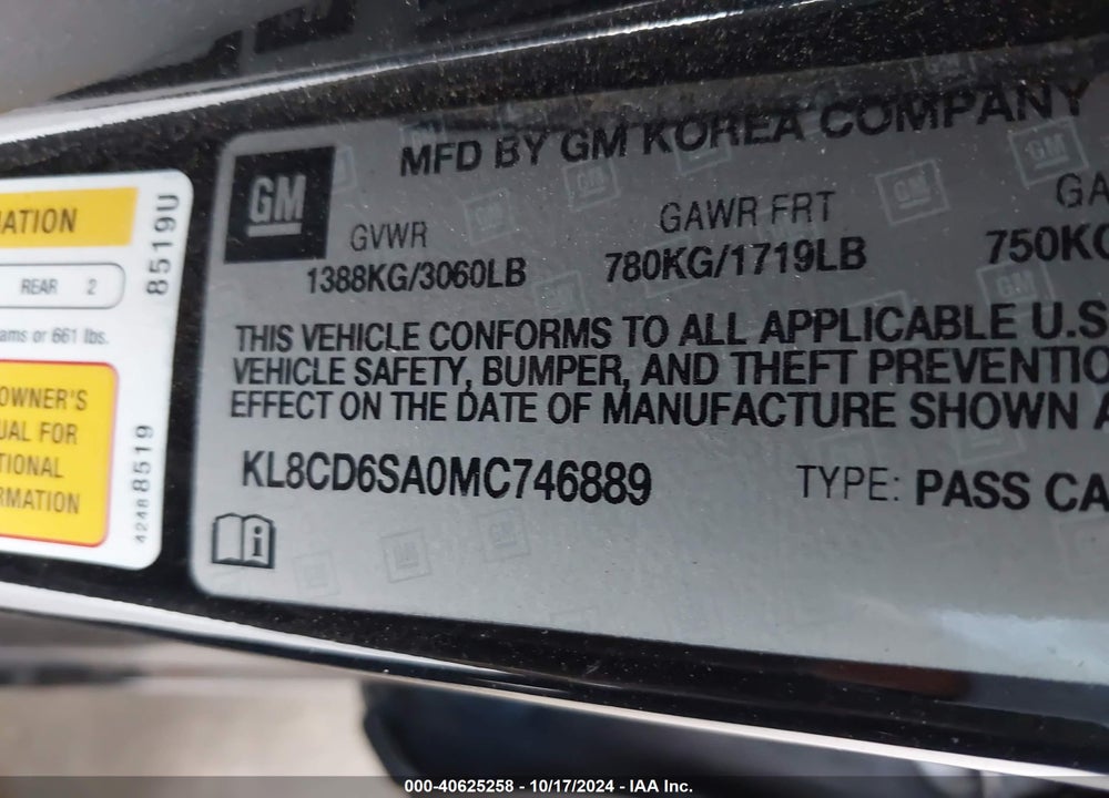2021 CHEVROLET SPARK FWD 1LT AUTOMATIC VIN: KL8CD6SA0MC746889