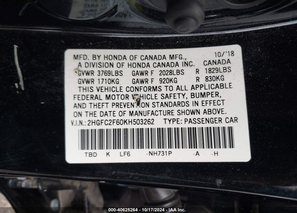 2019 HONDA CIVIC LX VIN: 2HGFC2F60KH503262