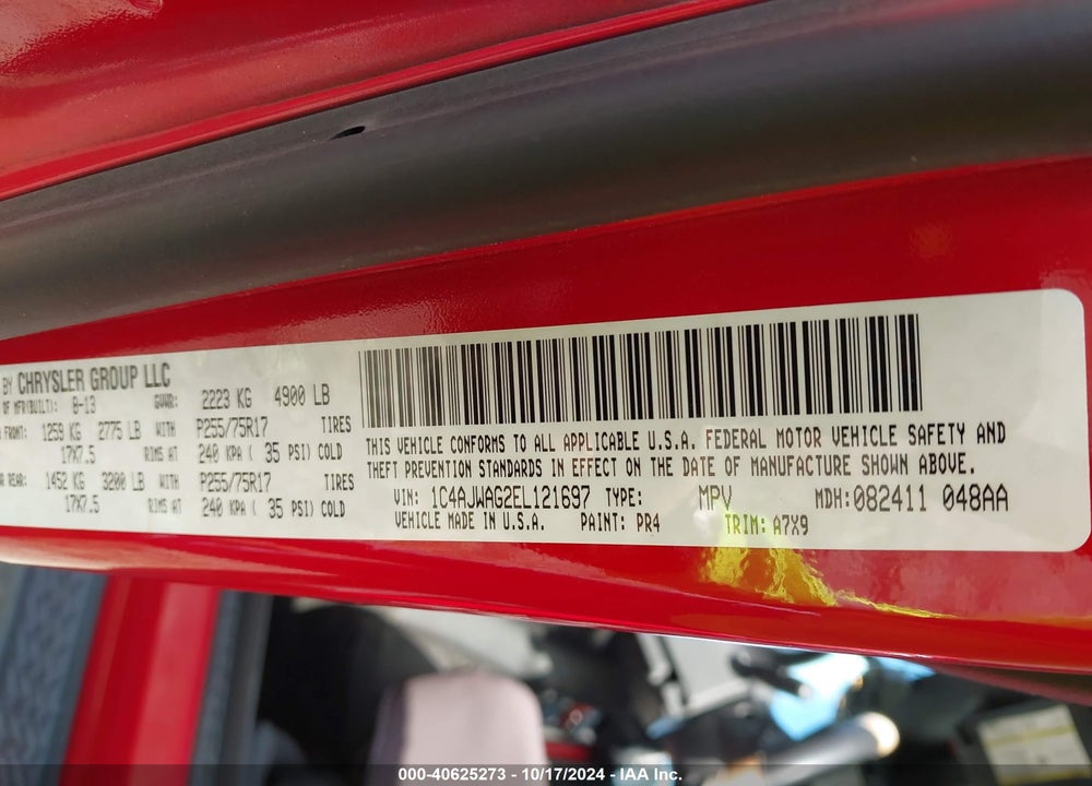 2014 ANGLER JEEP WR SPORT VIN: 1C4AJWAG2EL121697