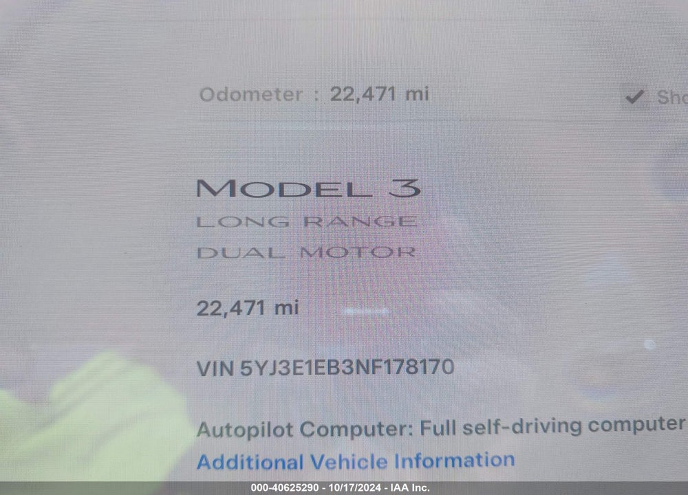 2022 TESLA MODEL 3 LONG RANGE DUAL MOTOR ALL-WHEEL DRIVE VIN: 5YJ3E1EB3NF178170