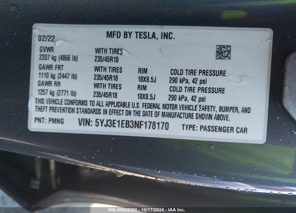 2022 TESLA MODEL 3 LONG RANGE DUAL MOTOR ALL-WHEEL DRIVE VIN: 5YJ3E1EB3NF178170