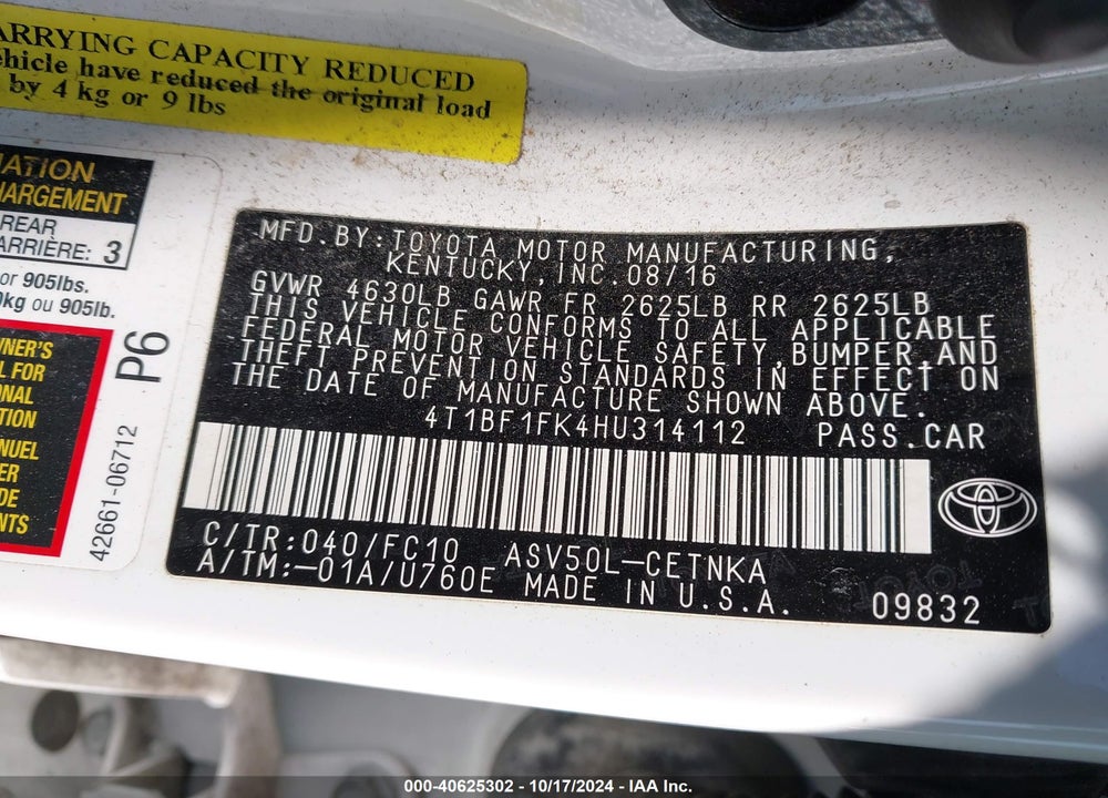 2017 TOYOTA CAMRY LE VIN: 4T1BF1FK4HU314112