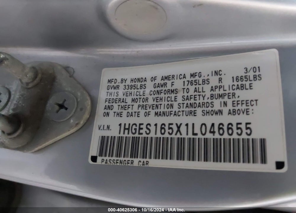 2001 HONDA CIVIC LX VIN: 1HGES165X1L046655