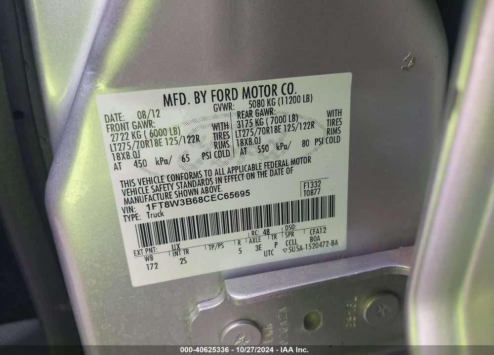 2012 FORD F-350 XLT VIN: 1FT8W3B68CEC65695