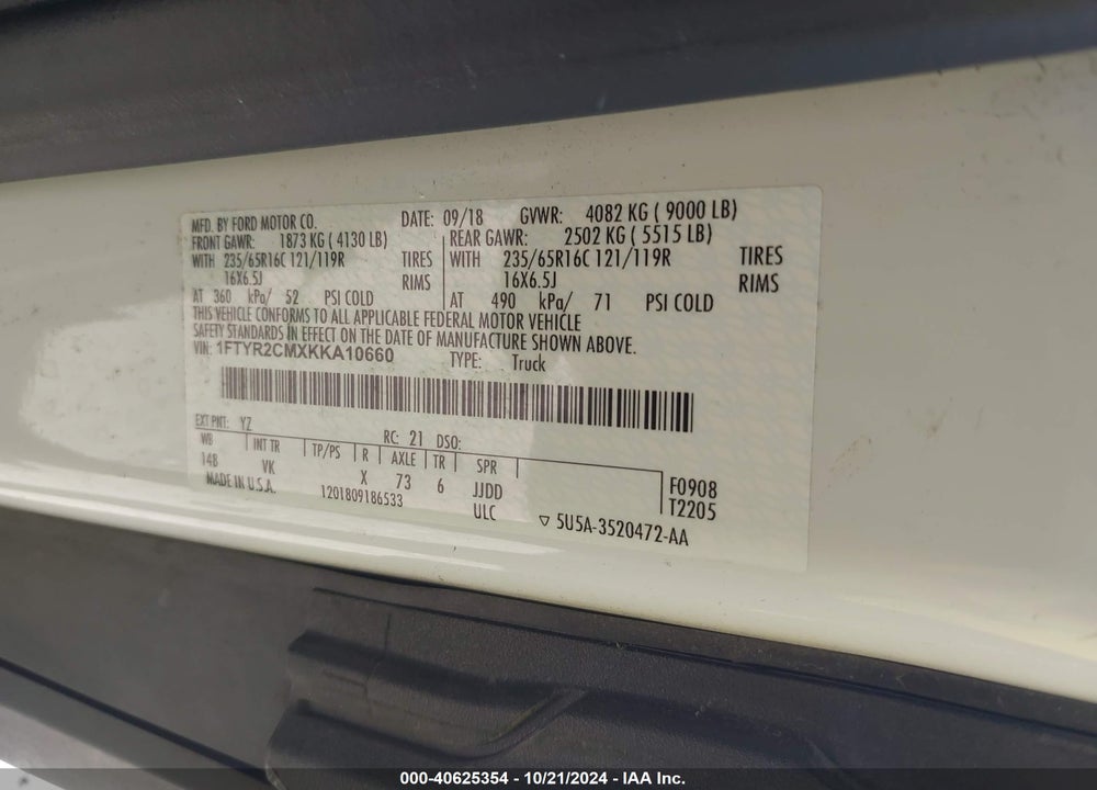2019 FORD TRANSIT-250 VIN: 1FTYR2CMXKKA10660